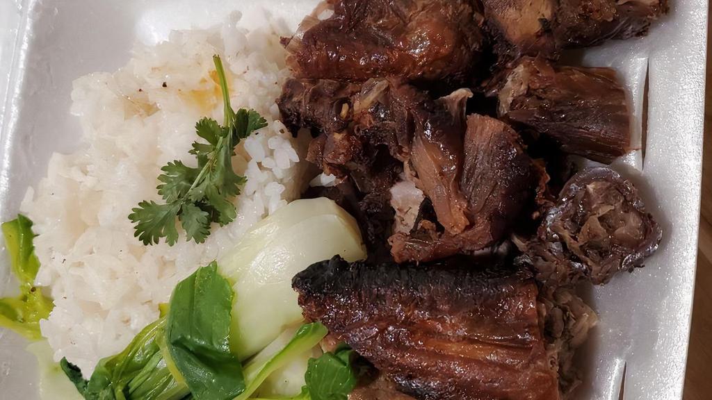 Roast Duck & Rice · Steamed rice with rotisserie duck. Served with bok choy, and fish sauce.
