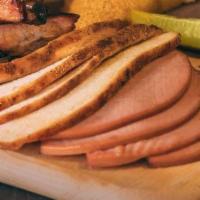 3 Meat Dinner · Your choice of bologna, turkey, hot link, chicken, pulled pork, sliced brisket, chopped bris...