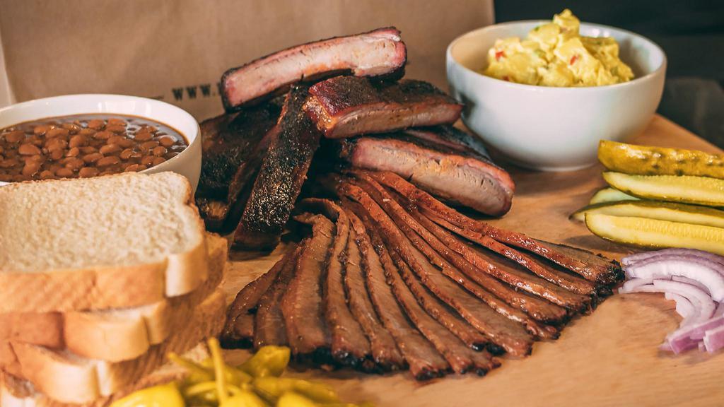 Rib Zone Pack · Includes a Full Rack of Ribs, 1 lb of meat, 2  sides (1 pint each), 4 slices of Texas toast, and BBQ sauce.