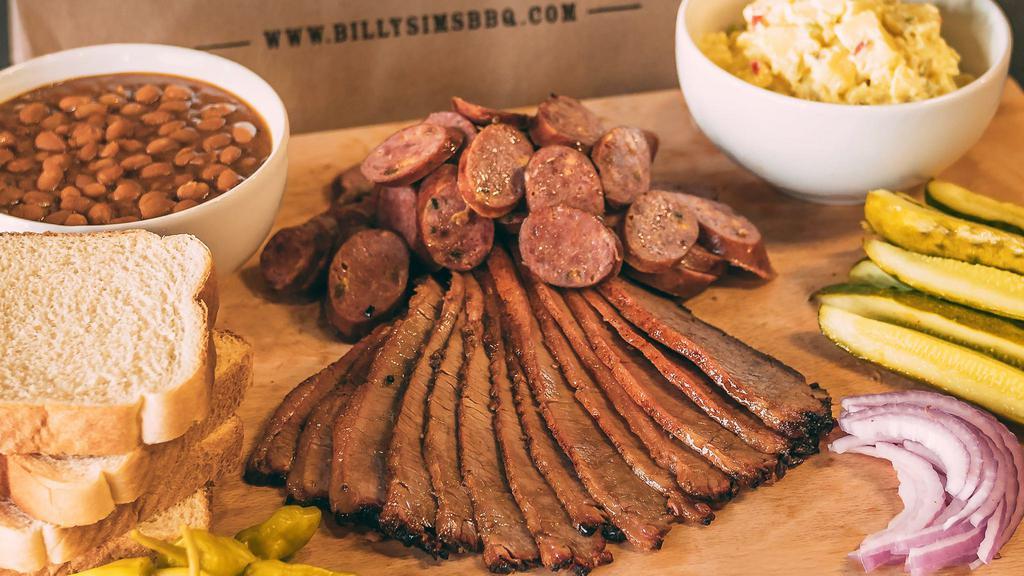 Gameday Pack · Feeds 3-4. 1.5 pounds of smoked meat, 2 Sides (1 pint each), BBQ sauce and 4 slices of Texas toast.
