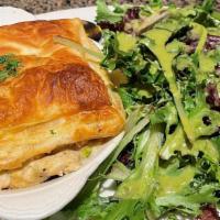 Chicken Pot Pie · Classic Creamy Chicken & Vegetables topped with Flaky Puff Pastry. side of Dressed Greens