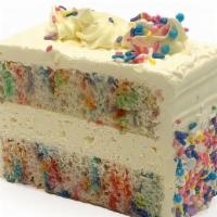 Confetti Birthday Cake Slice · Vanilla cake blended with confetti sprinkles filled with Bavarian cream and iced with rich E...