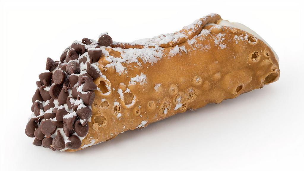 Cannoli · Cannoli pastry dough filled with a blend of sweet ricotta cinnamon and chocolate chips one cannoli.