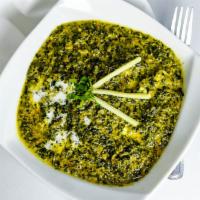 Saag Paneer · Tender chunks of homemade cheese in homemade creamed spinach which has been lightly seasoned.
