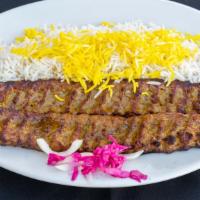Koobideh Kabob (2) · Two skewer of ground beef marinated in our special recipe and grilled to perfection, served ...