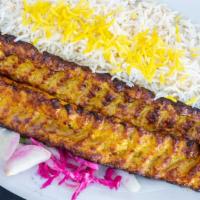 Koobideh Chicken Kabob (2) · Two skewers of ground chicken marinated in our special recipe and grilled to perfection, ser...