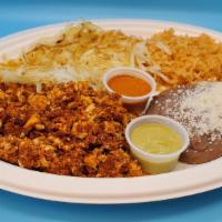 Breakfast Eggs With Chorizo · Two scrambled eggs with chorizo, served with hash brown, rice, beans, and cheese.