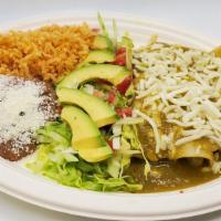 Chicken Enchiladas (3 Pieces) · Chicken enchiladas dipped in green sauce served with rice, beans, salad, avocado, cheese, an...