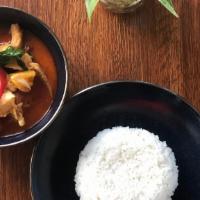 Red Curry With Grilled Chicken (Gf) · Spicy. Gluten free. Red curry, coconut milk, tomatoes, red pepper, pineapple, basil and gril...