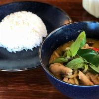 Green Curry (Gf) · Spicy. Gluten free. Green curry, coconut milk, eggplant, bamboo shoot, choice of chicken or ...