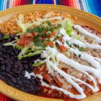 Enchiladas Con Carne · Gluten-Free. Choice of protein, cheese, sour cream, red or green sauce.