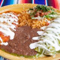 Enchilada Relleño · Choice of Protein for the enchilada; one chicken or cheese relleño; Topped w/cheese & sour c...