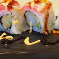 54-Exetive Suite · Tempura shrimp and avocado inside tuna, lime and tobiko on top finished w/spicy mayo and eel...