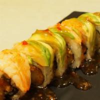 36-Tiger · Spicy snow crab, shrimp tempura, cucumber, topped with shrimp, avocado with sweet chili sauc...