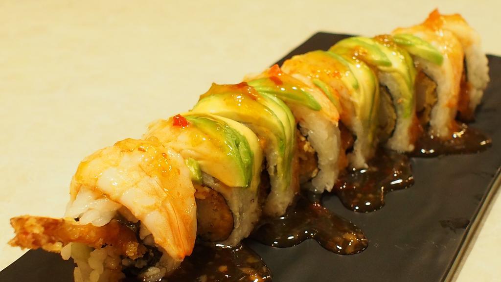 36-Tiger · Spicy snow crab, shrimp tempura, cucumber, topped with shrimp, avocado with sweet chili sauce and crunch.