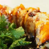 49-Super Hot Baby · Baked ichi roll w/spicy mayo finish w/eel sauce, crunch tobiko.