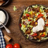 Gyro Salad · Yummy Mediterranean roasted gyro meat, lettuce, tomatoes, cucumbers, onions, olives, feta ch...