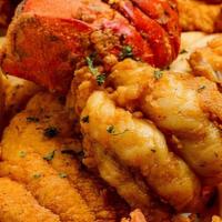 Fried Lobster, Fish & Shrimp · Lobster tail, three strips, 10 shrimp with fries