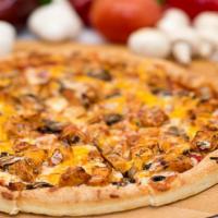 Bbq Chicken Pizza · Pizza sauce base, BBQ chicken, mushrooms, red onion, mozzarella and cheddar cheese.