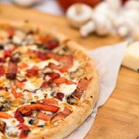 Pizza Al Prosciutto · Olive oil glaze with mushrooms, prosciutto ham, tomatoes, goat cheese, roasted peppers, fres...