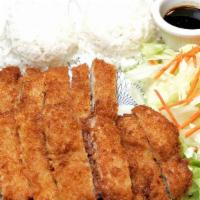 Chicken Katsu · Served with salad and rice.