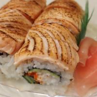 Seared Salmon Roll · Crab, Cucumber, Avocado, Masago, Seared salmon