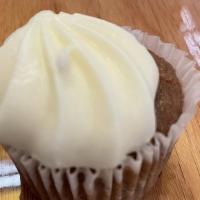 Carrot Cake Mini Cupcake · Gluten free. Topped with cream cheese frosting. Contains dairy and egg.