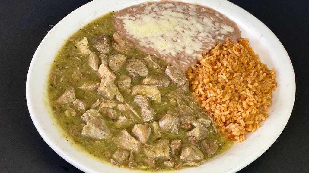 Chile Verde · Chunks of pork simmered in a flavorful green tomatillo sauce.