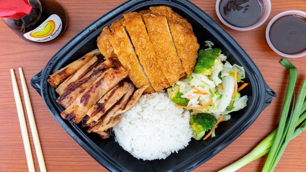 Chicken Teriyaki & Chicken Katsu · Chicken Teriyaki and Chicken Katsu served with steamed rice and steamed vegetables.