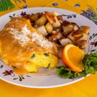 New Orleans Cajun Omelet · A blend of kielbasa sausage, bell pepper, onion and Monterrey Jack cheese, topped with Cajun...