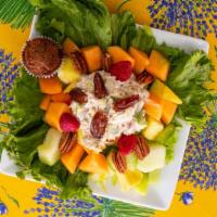 Monterey Chicken Salad · Kiss the Cook's fabulous favorite famous chicken salad on a bed of fresh seasonal fruit, gar...