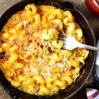 Bacon Mac & Cheese · caramelized onions, Parmesan bread crumbs.