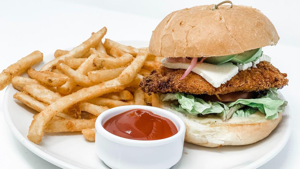 Fried Chicken Sandwich · Franks hot aioli, lettuce, tomato, bread and butter pickles.