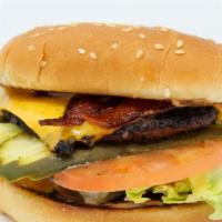Fuller Burger · American or Swiss cheese, smoked bacon, lettuce, tomato, pickles, secret sauce.