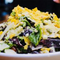 Mazatlan Salad · romaine, tomato, black olives, corn, pumpkin seeds, tortilla strips, parmesan, avocado vinai...