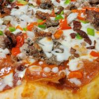 Badaboom · Our homemade marinara is topped with sausage, pepperoni, meatball, mushrooms, onions, green ...