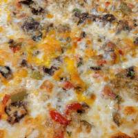 Philly Cheesesteak Pizza · Start with a garlic butter sauce. Topped with marinated ribeye steak, sauted with bell peppe...