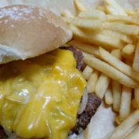 Cheeseburger · 1/3 lb patty of 100% ground beef served on a grilled bun, with melted American cheese, onion...