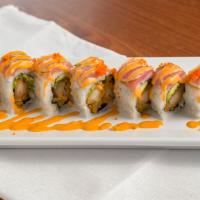 Executive Roll · Tempura shrimp, cilantro and avocado topped with tuna, sliced lime, tobiko and spicy mayo.