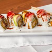 Mars Roll · Shrimp tempura and cucumber topped with crab salad, fresh tuna, avocado, sesame seeds and ee...