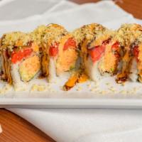 Hot Girl Roll · Spicy crab, avocado and cucumber topped with spicy tuna, jalapeño, crunchy, eel sauce and  s...