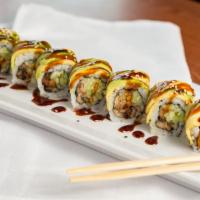 Caterpillar Roll · Baked eel and cucumber topped with thin sliced avocado, sesame seeds and eel sauce.
