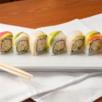 Rainbow Roll · California roll topped with slices of five different types of fish and sesame seeds.
