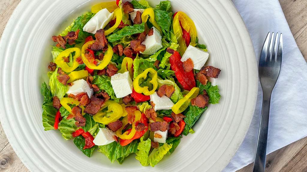 Mozzarella Fresca Salad · Romaine topped with roasted red pepper, fresh mozzarella, crispy bacon, and pepperoncini with balsamic vinaigrette dressing.