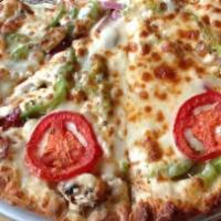 Margherita Pizza (Medium) · Brushed with olive oil, fresh garlic, tomatoes, fresh basil, and mozzarella.
