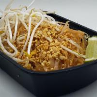 Pad Thai · Medium size rice noodles stir fried with egg, bean sprouts, onions and ground peanuts.