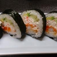 Ichi Roll · Tempura shrimp, crab salad, cucumber, avocado, radish sprout, orange caviar.