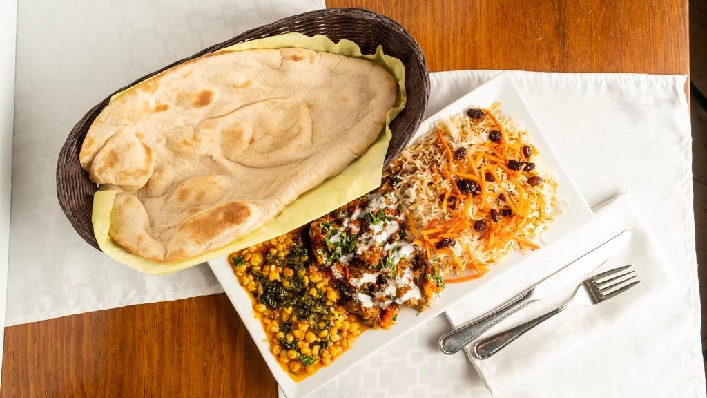 Veggie Combo · We offer a tasty veggie combo, which has verity of vegetable and flavors.  This combo includes Qabuli Palow rice, Naan (fresh bread) with Bandenjan (eggplant), and one choice of the Daal Sabzi (lentil with spinach) or Okra, or Subzi (spinach).