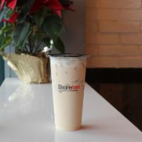 Honey Milk Tea · Hot available. Available with Black Green or Oolong tea.