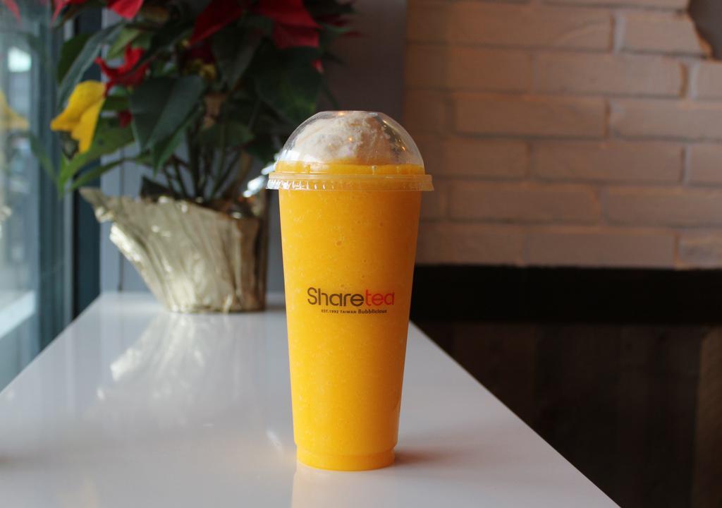 Mango Ice Blended With Ice Cream · Non-caffeinated.This drink comes with Ice Cream included. Any toppings selection will be added to drink including Ice Cream. If you would like to substitute the Ice Cream for a different topping please state in special instructions.